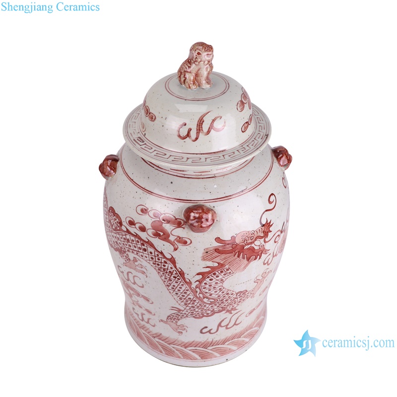 RXBN06-G-S Antique white and red handpainted dragon pattern Porcelain flower Vase with lion lid ginger jar--vertical view