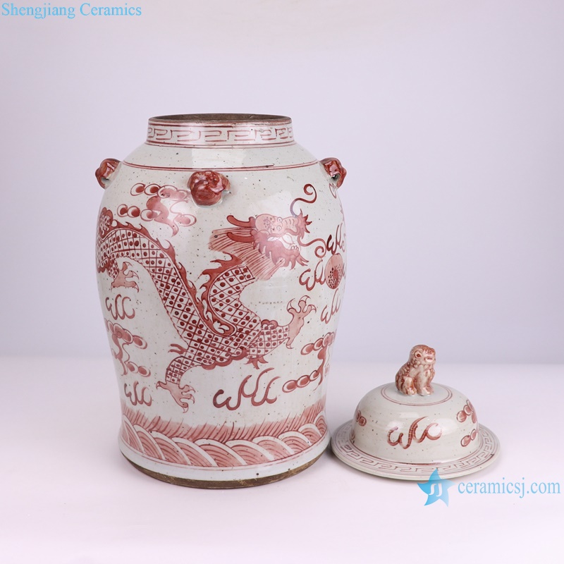 RXBN06-G-S Antique white and red handpainted dragon pattern Porcelain flower Vase with lion lid ginger jar
