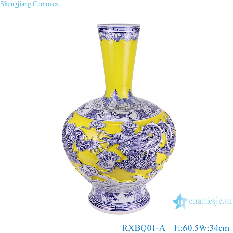 RXBQ01-A-B Dragon carved antique style Porcelain flower vase Home decorative Art Yellow color