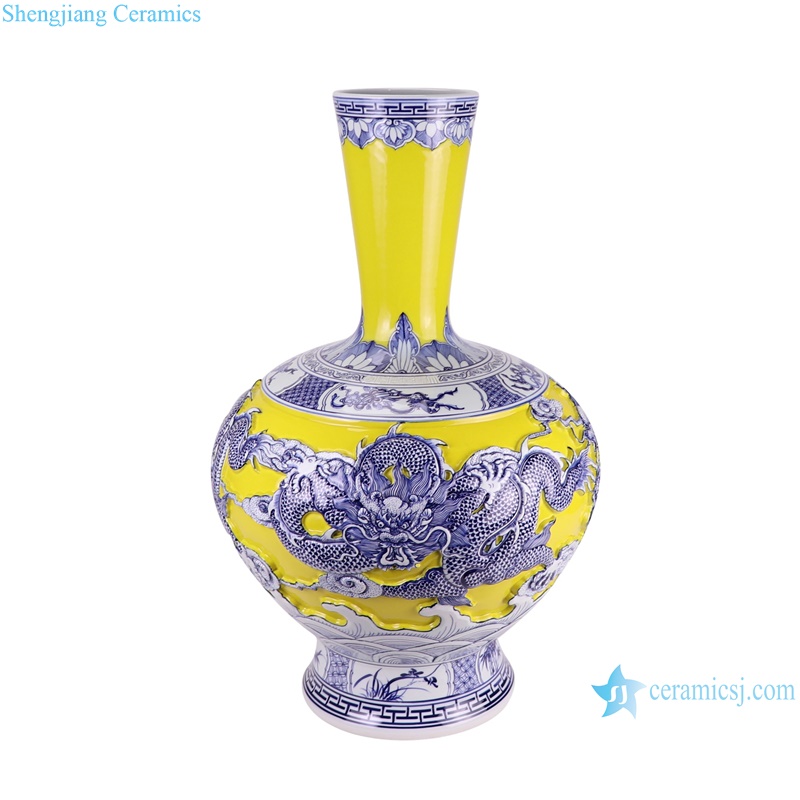 RXBQ01-A-B Dragon carved antique style Porcelain flower vase Home decorative Art Yellow color 