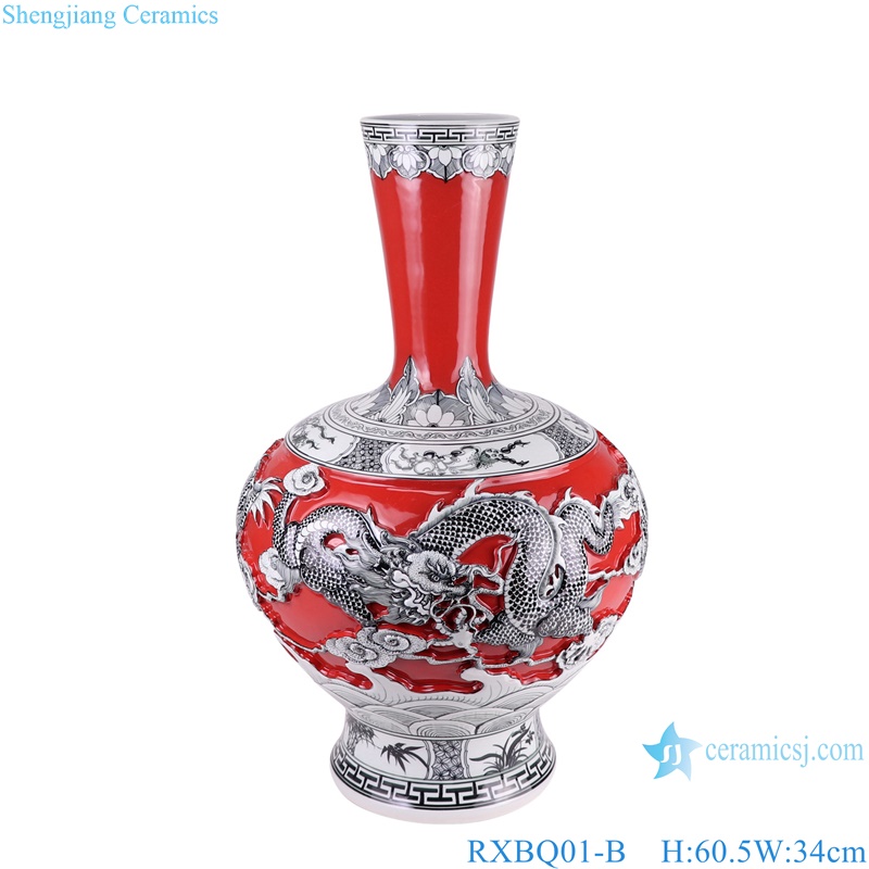 RXBQ01-A-B Dragon carved antique style Porcelain flower vase Home decorative Art red color