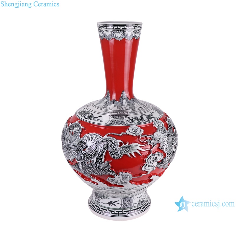 RXBQ01-A-B Dragon carved antique style Porcelain flower vase Home decorative Art red color side view