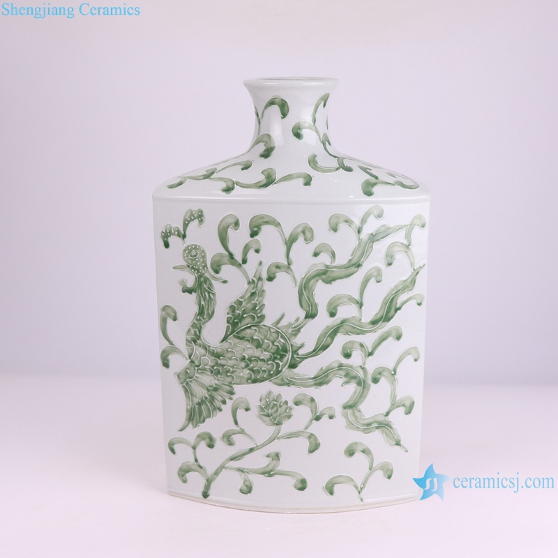 RYNQ281 Green dragon pattern bottle with flat belly porcelain vase