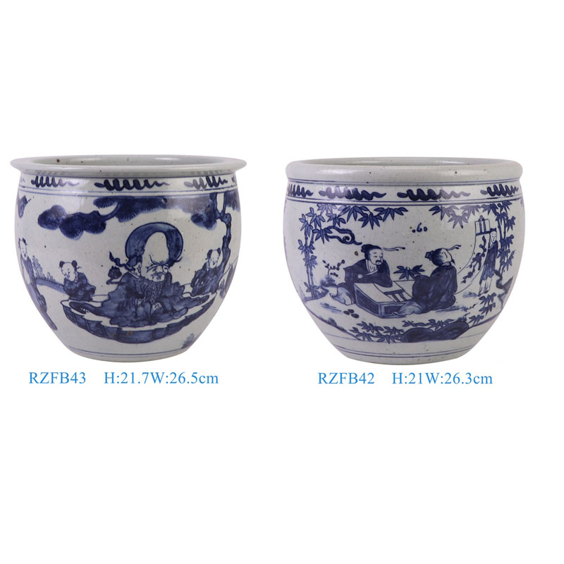 RZFB42-43 hand painted blue and white seven sages figures pattern small porcelain tank