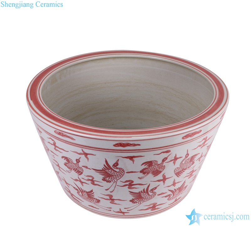 RZSX94 Antique Handcrafting Under glazed red Crane Pattern Ceramic Bowl Shallow pot--vertical view
