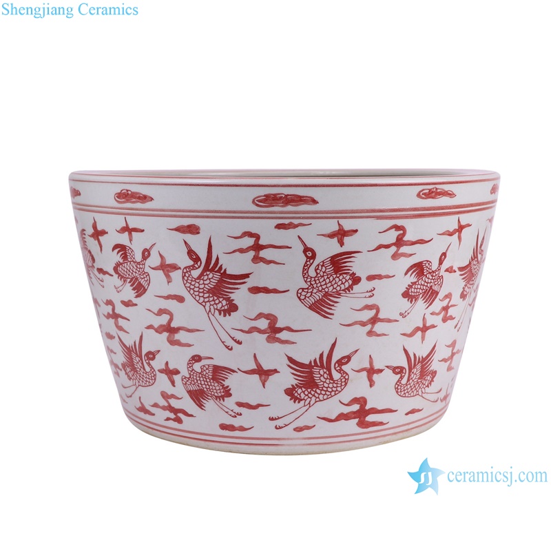 RZSX94 Antique Handcrafting Under glazed red Crane Pattern Ceramic Bowl Shallow pot--side view