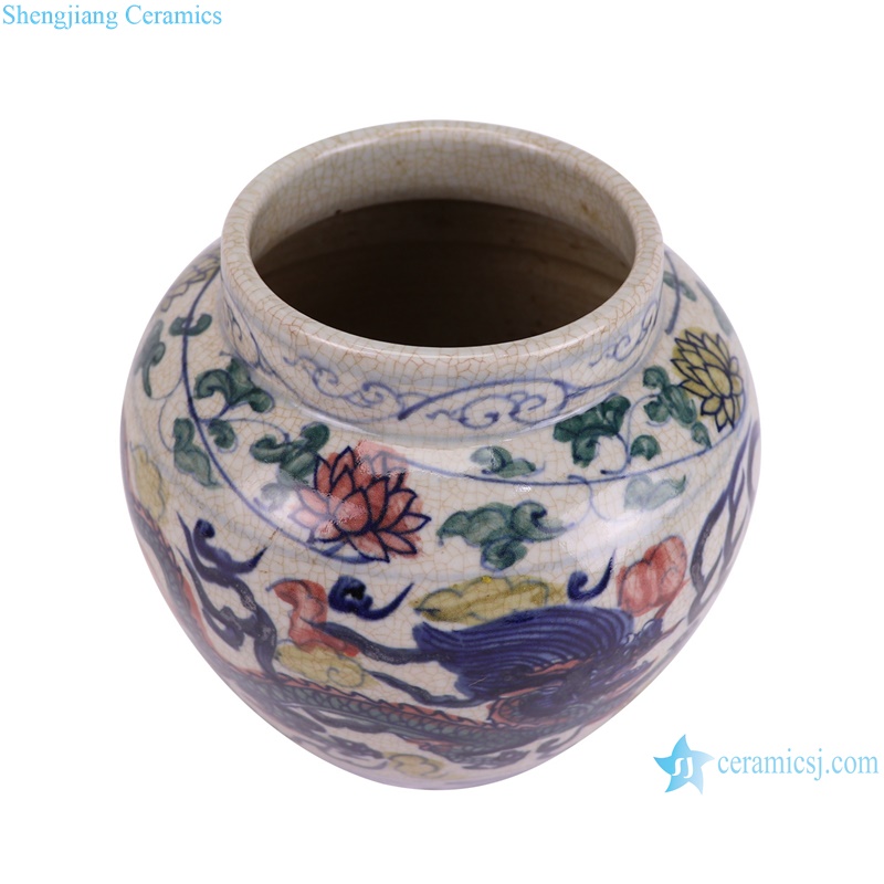 RZTA02-B Antique Contending colors Split Crackled Dragon Pattern Ceramic Flower Pot --vertical view