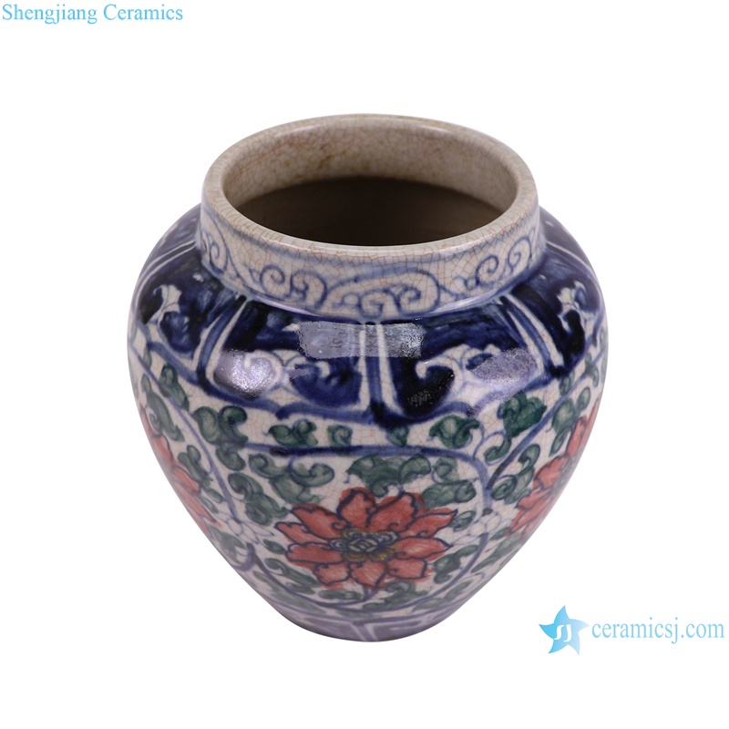 RZTA02-D Antique Unglazed red Blue Porcelain Vase Twig Lotus flower Pattern Crackled Ceramic Flower Pot--vertical view