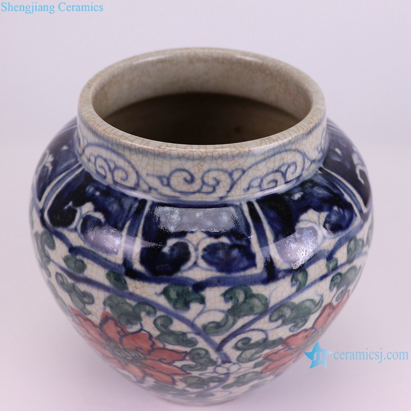 RZTA02-D Antique Unglazed red Blue Porcelain Vase Twig Lotus flower Pattern Crackled Ceramic Flower Pot--side view