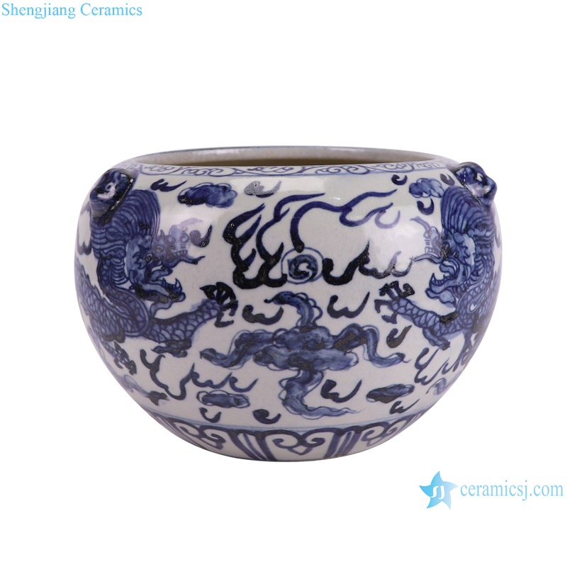 RZTA07-A Jingdezhen Blue and White Porcelain Antique Dragon Pattern Ceramic Bowl Pen brush washing pot--side view