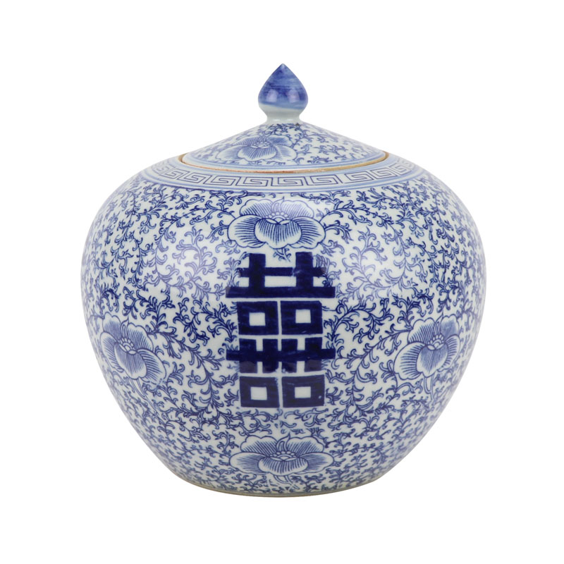 RZSI22-A chinese blue and white double happiness pattern porcelain jar for home decoration