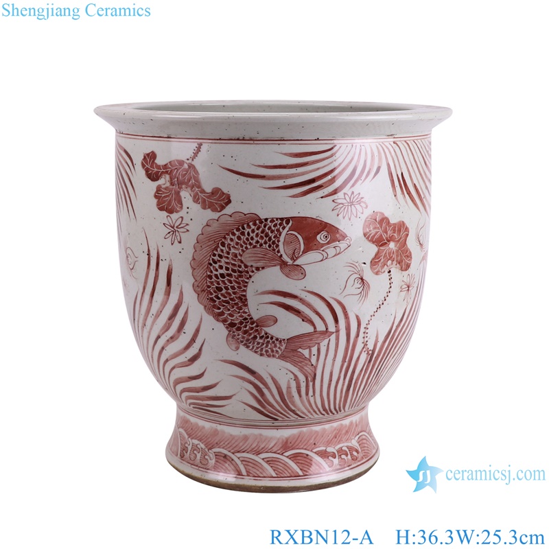 RXBN12-A hand painted white red fish and sea weed pattern porcelain planter for garden