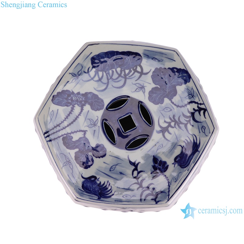 RXBN14-A hand painted blue and white lotus and mandarin duck pattern garden seat stool