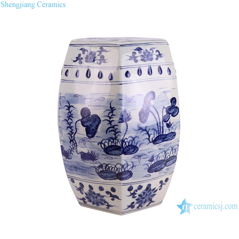RXBN14-A hand painted blue and white lotus and mandarin duck pattern garden seat stool