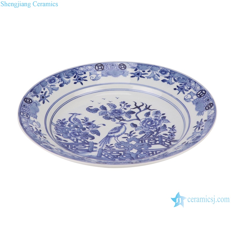RXBN17-A blue and white flower and bird round plate--vertical view