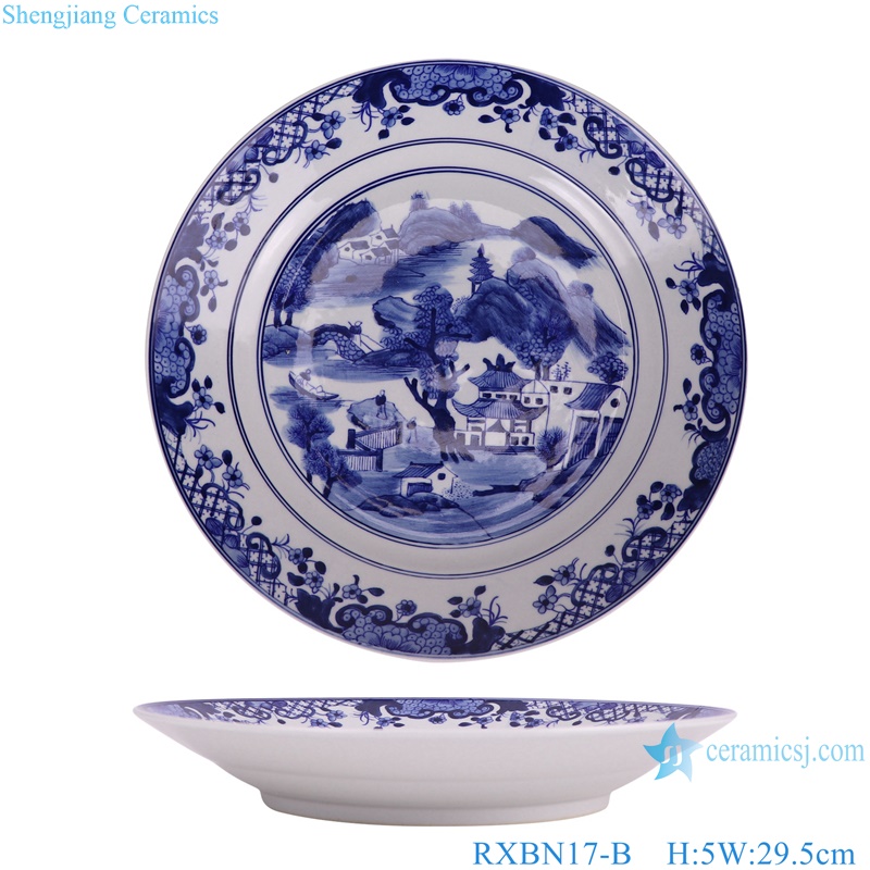 RXBN17-B blue and white landscape round plate