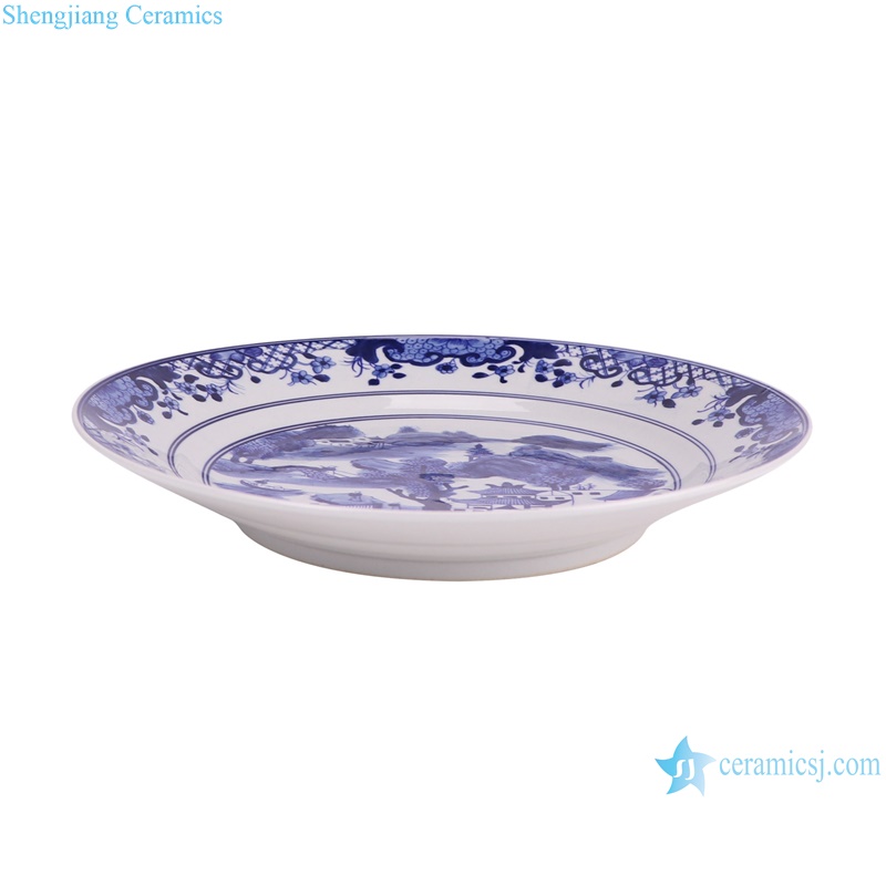 RXBN17-B blue and white landscape round plate--side view