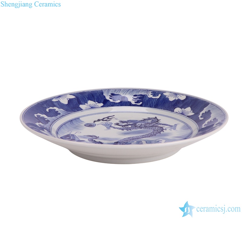 RXBN17-C blue and white sea wave and dragon round plate--side view
