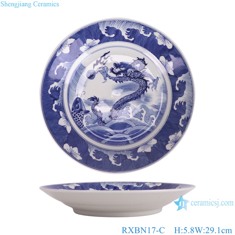 RXBN17-C blue and white sea wave and dragon round plate