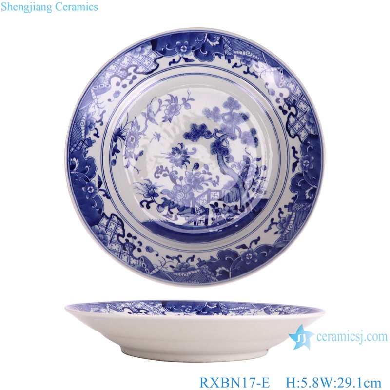 RXBN17-E blue and white flower and pine tree round plate