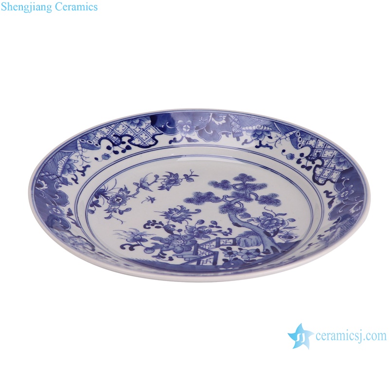 RXBN17-E blue and white flower and pine tree round plate --vertical view