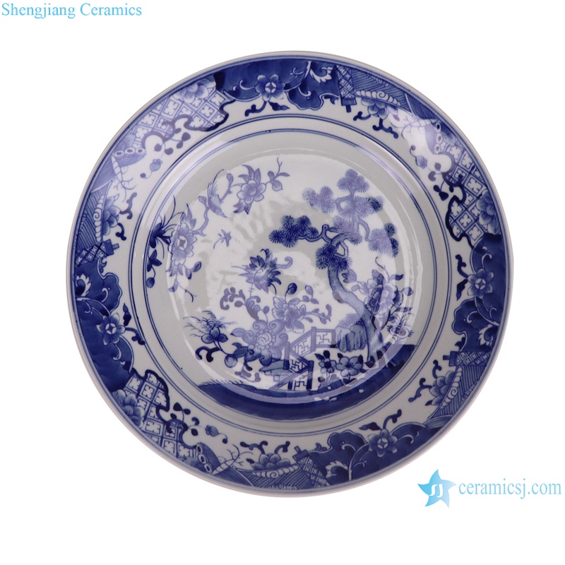 RXBN17-E blue and white flower and pine tree round plate --top view