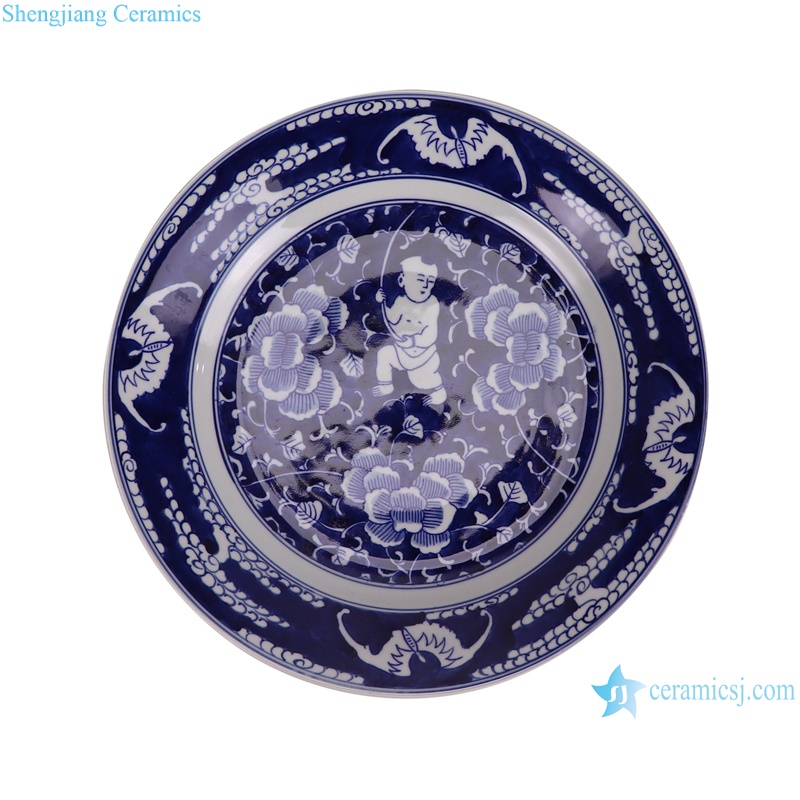RXBN17-F blue and white romantic couple cowherd and weaver motif round plate--closer view