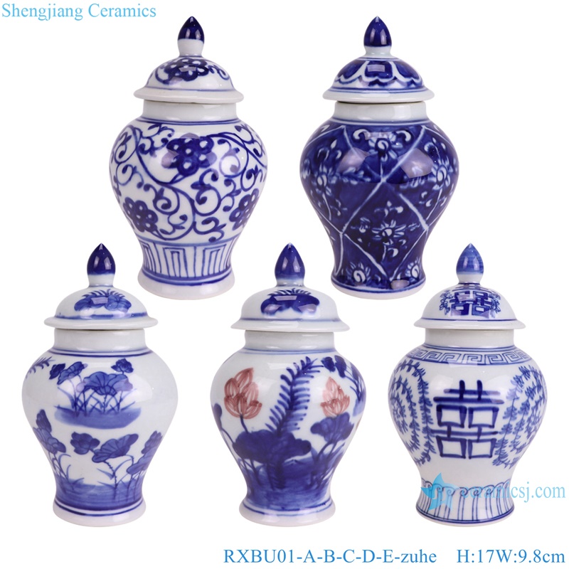 RXBU01-E chinese blue and white double happiness pattern small porcelain jar for home decoration