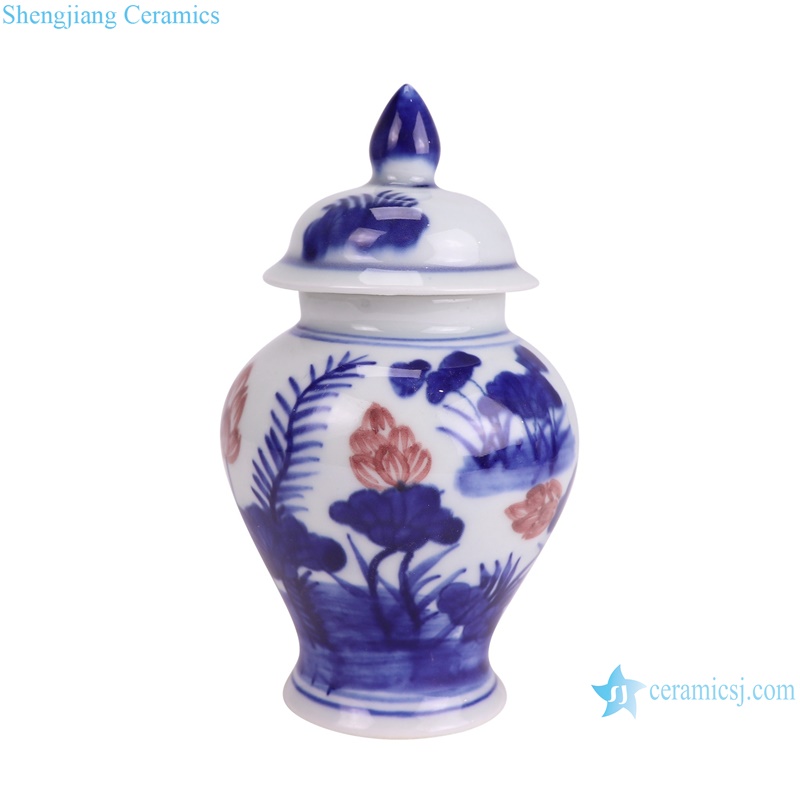 RXBU01-D Underglazed red blue and white lotus pattern ceramic jar--side view