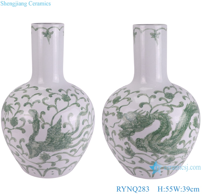RYNQ283 Green color White and green Chinese dragon and phoenix Ceramic ball globular vase