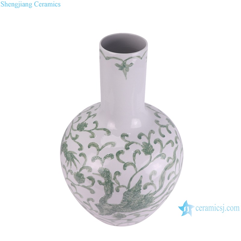 RYNQ283 Green color White and green Chinese dragon and phoenix  Ceramic ball globular vase--vertical view
