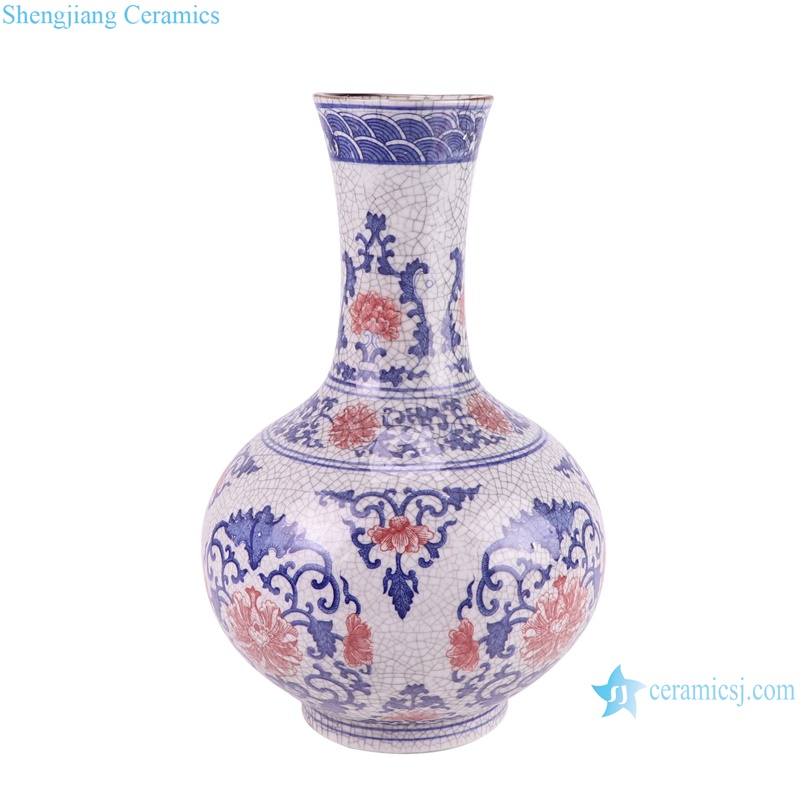 RYUJ60-E Underglazed red split Twisted flower pattern ceramic flower vase--side view