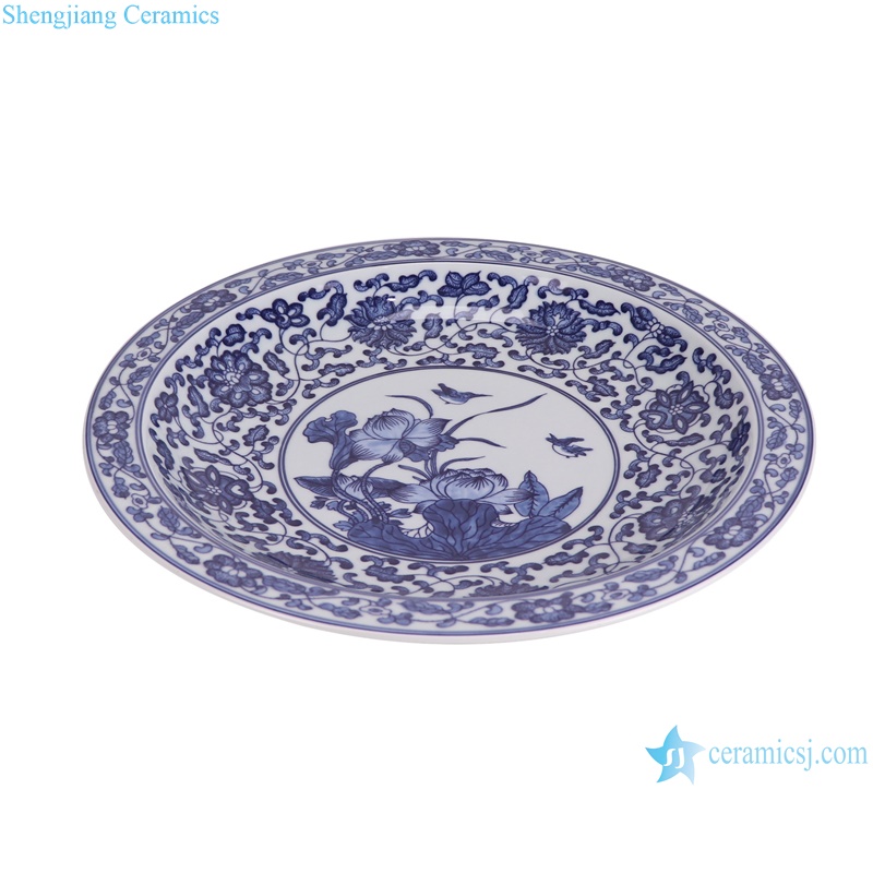 RZBD09-B blue and white lotus and bird round plate--side view