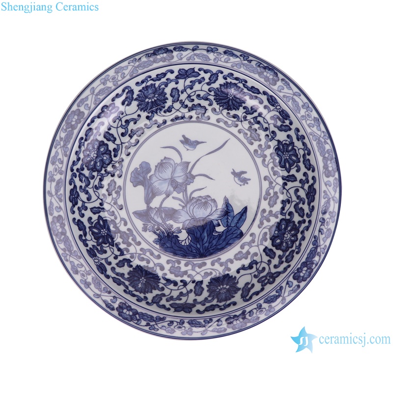 RZBD09-B blue and white lotus and bird round plate--top view