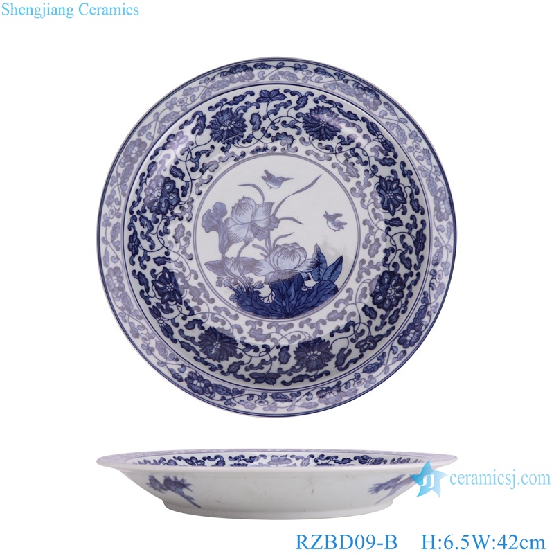 RZBD09-B blue and white lotus and bird round plate