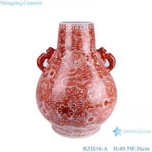 RZIS16-A Alum Red Full Dragon Pattern Ceramic Blessing Bucket Decorative Vase