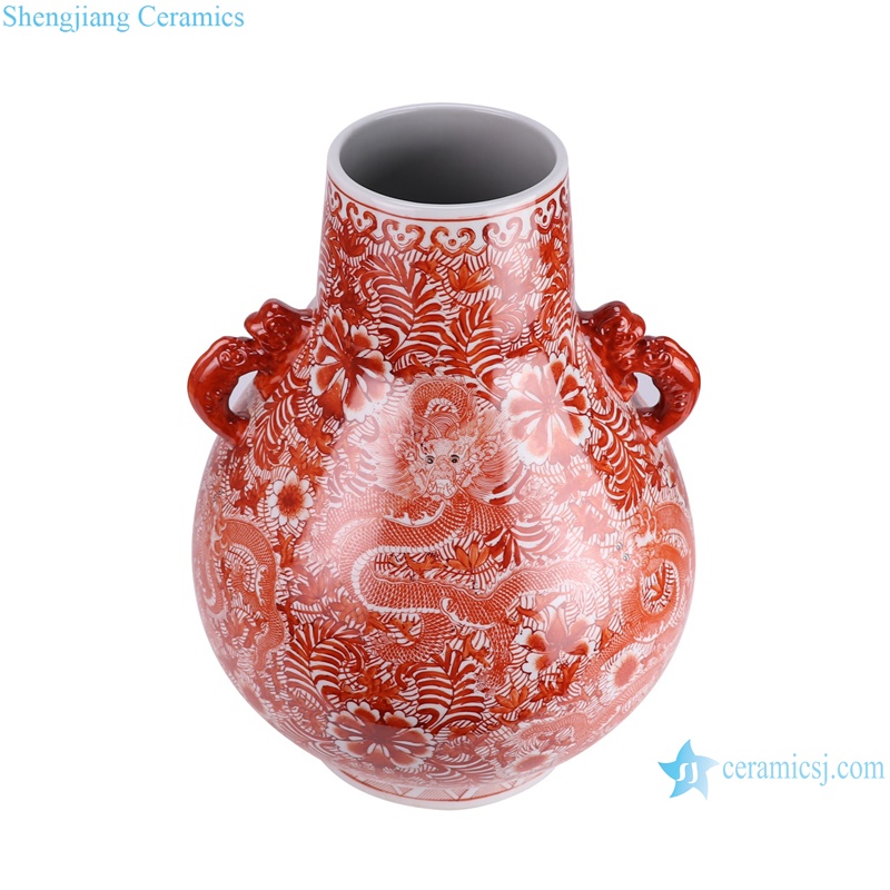 RZIS16-A Alum Red Full Dragon Pattern Ceramic Blessing Bucket Decorative Vase -- vertical view