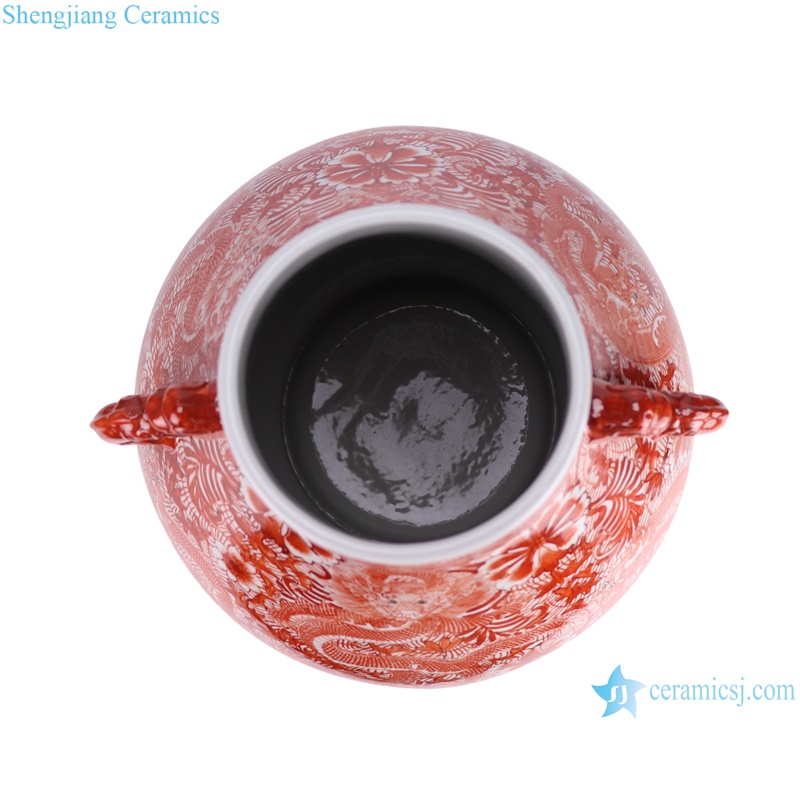 RZIS16-A Alum Red Full Dragon Pattern Ceramic Blessing Bucket Decorative Vase -- top view