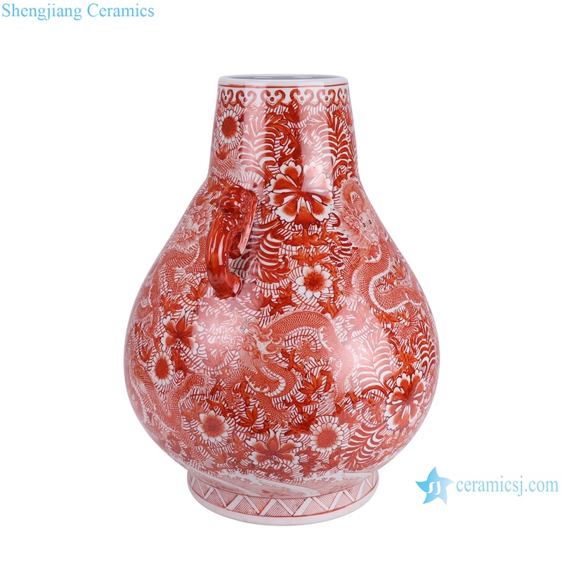 RZIS16-A Alum Red Full Dragon Pattern Ceramic Blessing Bucket Decorative Vase -- side view