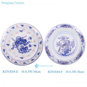 RZNX04-E-F Antique blue and white with red lion pheasant Ceramic round plate