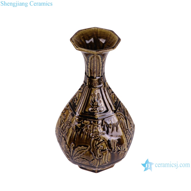 RZSP67-A Jingdezhen retro brown carving flowers pattern porcelain vase for home decoration