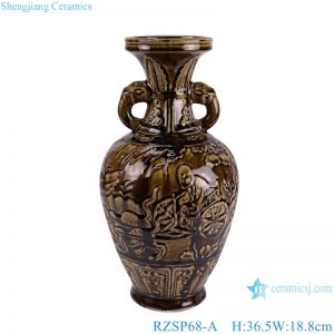 RZSP68-A Jingdezhen retro brown carving figures pattern eared porcelain vase for home decoration