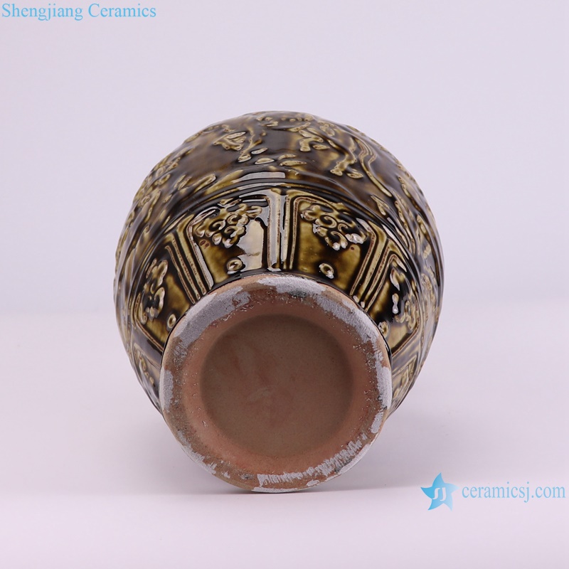 RZSP68-A Jingdezhen retro brown carving figures pattern eared porcelain vase for home decoration