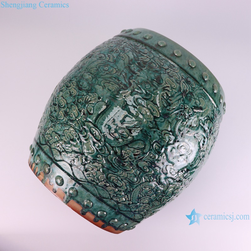 RZSP72-A green color engraving dragon pattern ceramic stool for home decoration