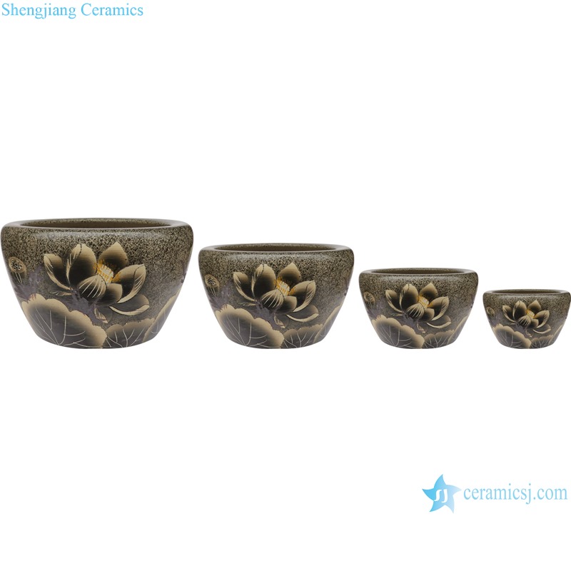RZUH05-A-L-M-S Antique high quality grayish brown color glaze carved lotus pattern fish tank ceramic planter