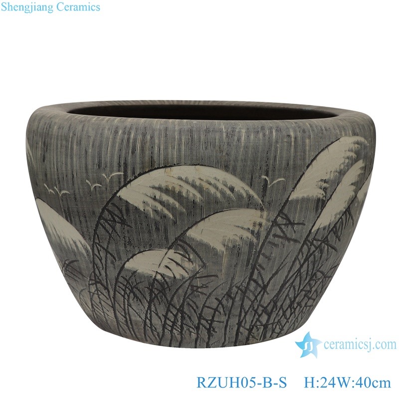 RZUH05-B-L-M-S Antique brown colored glaze carved reed pattern fish tank ceramic planter flowerpot
