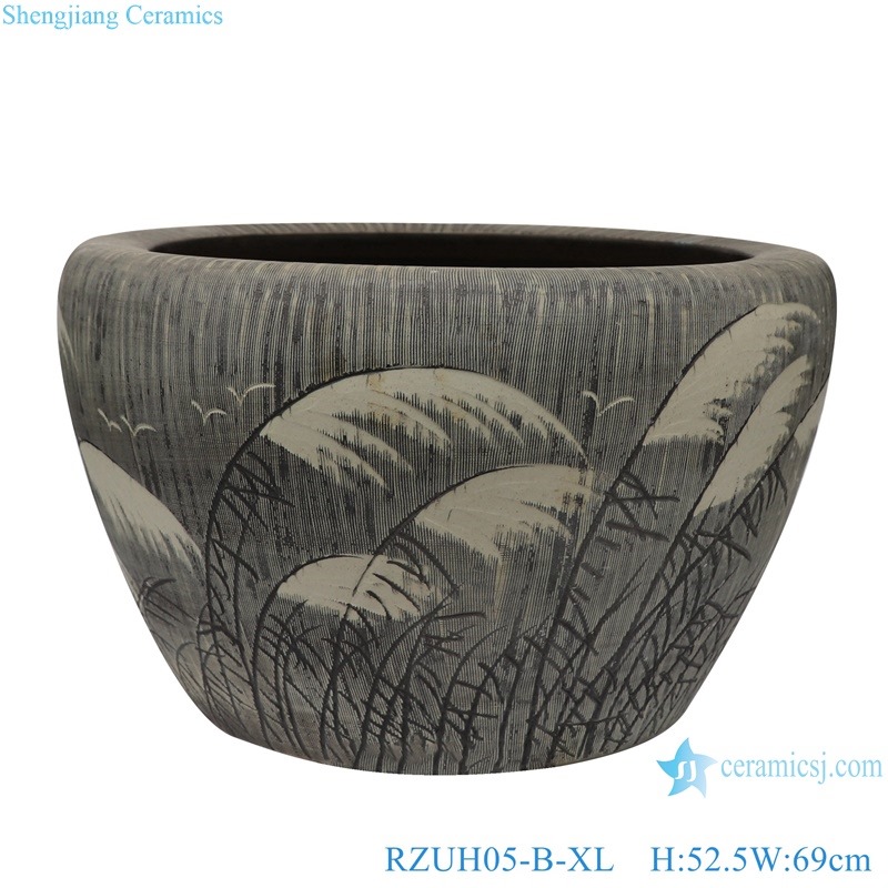 RZUH05-B-L-M-S Antique brown colored glaze carved reed pattern fish tank ceramic planter flowerpot