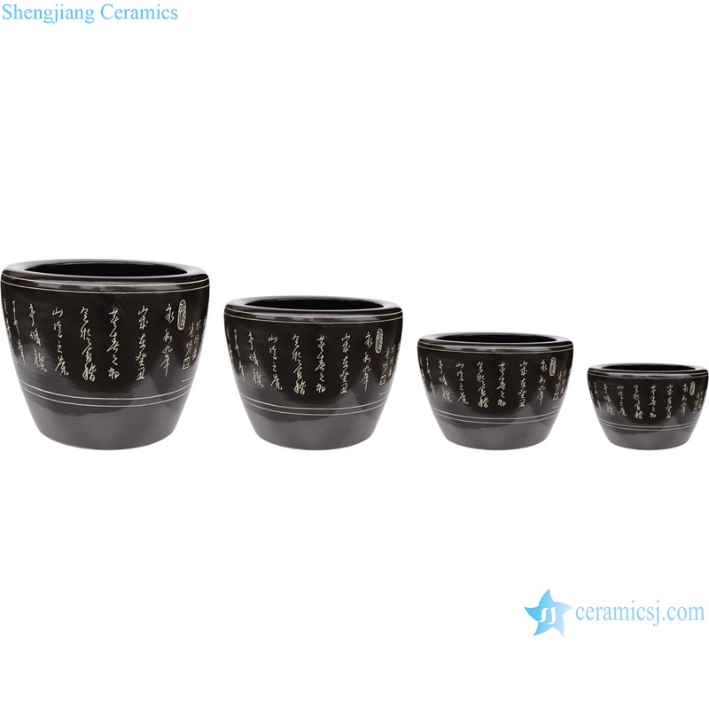 RZUH05-D-L-M-S Antique black color glaze carved lanting preface text pattern fish tank porcelain planter pot
