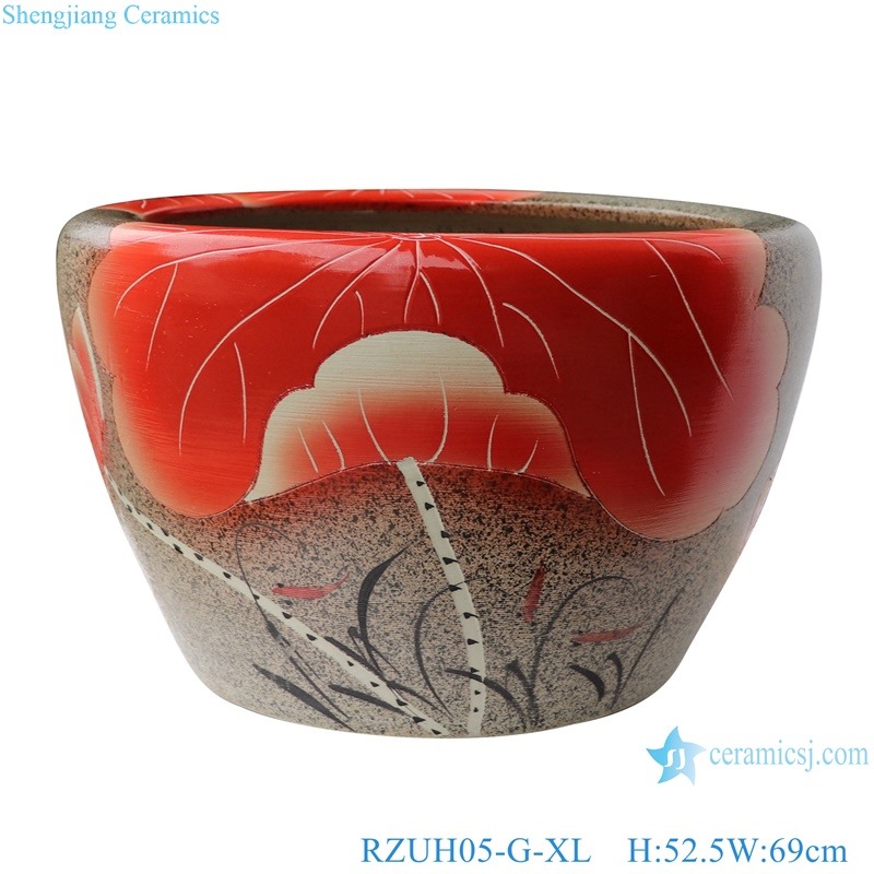 RZUH05-G-L-M-S Carved red lotus pattern fish tank ceramic planter flowerpot