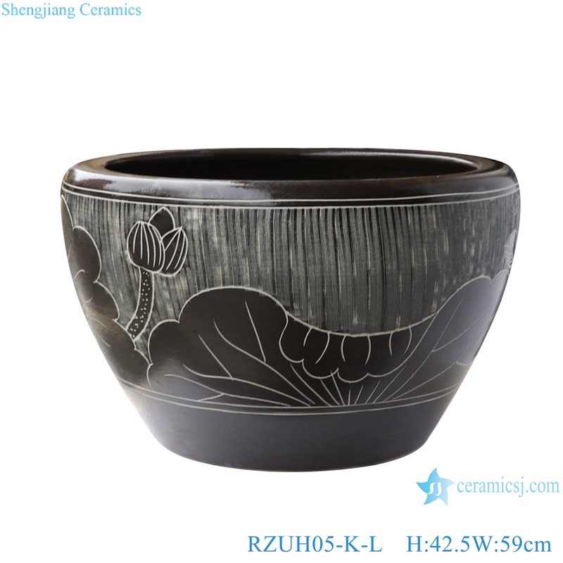 RZUH05-K-L Antique Jingdezhen ceramic water tank black color carving lotus pattern fish planter pot